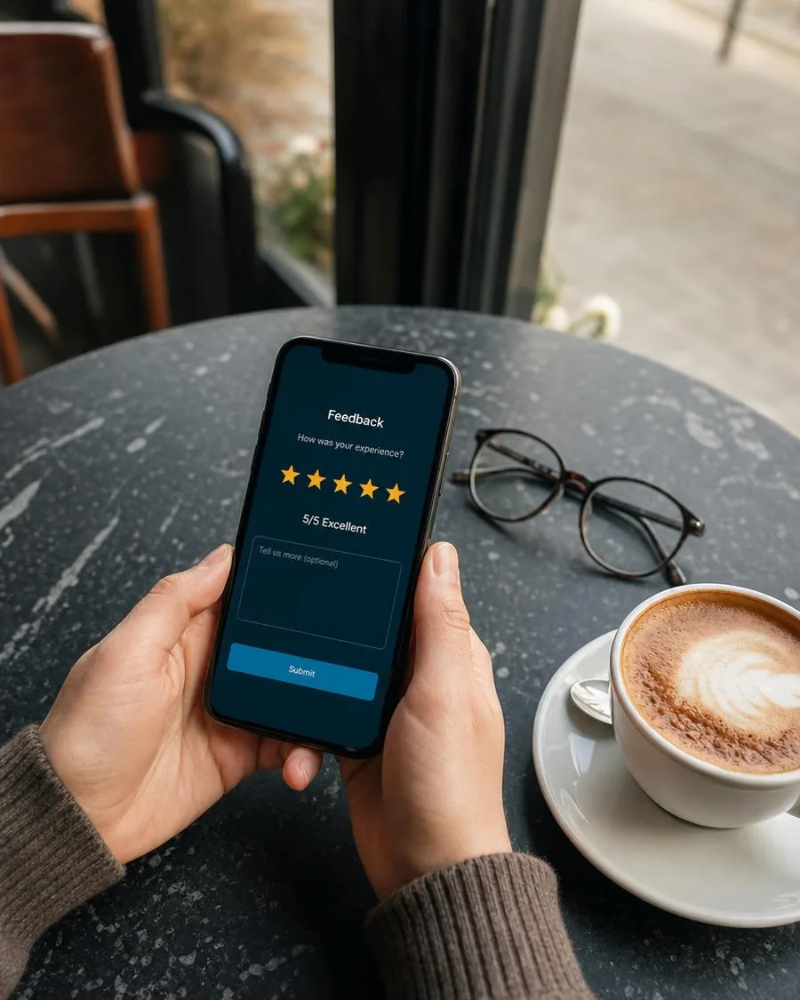 Someone rating a service five stars on a phone feedback form at a cafe table