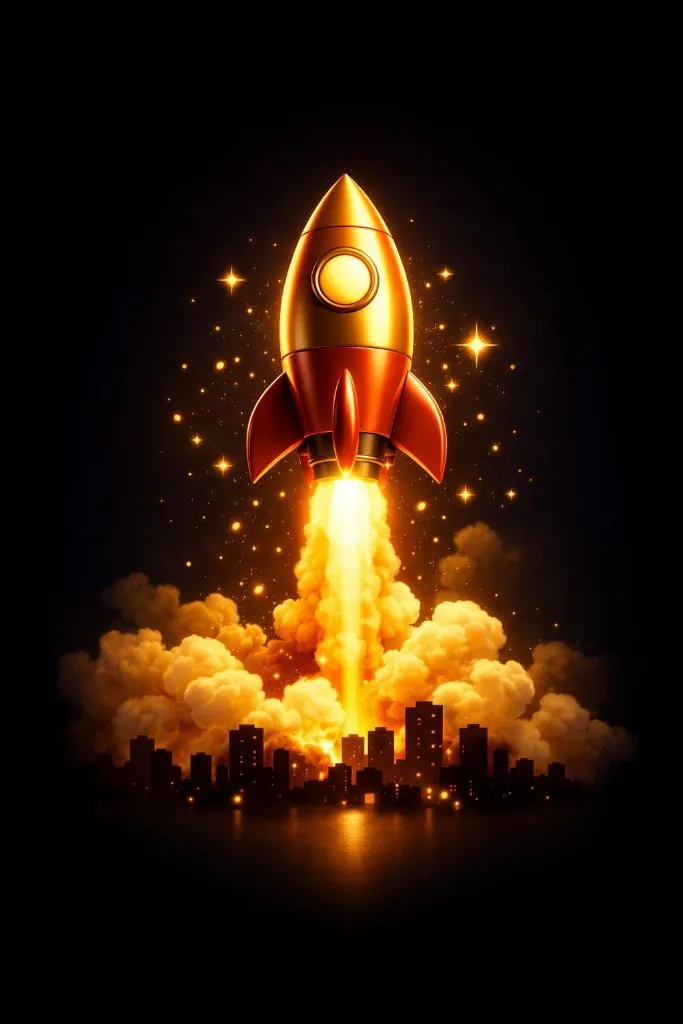 Illustration of a rocket launching over a city skyline
