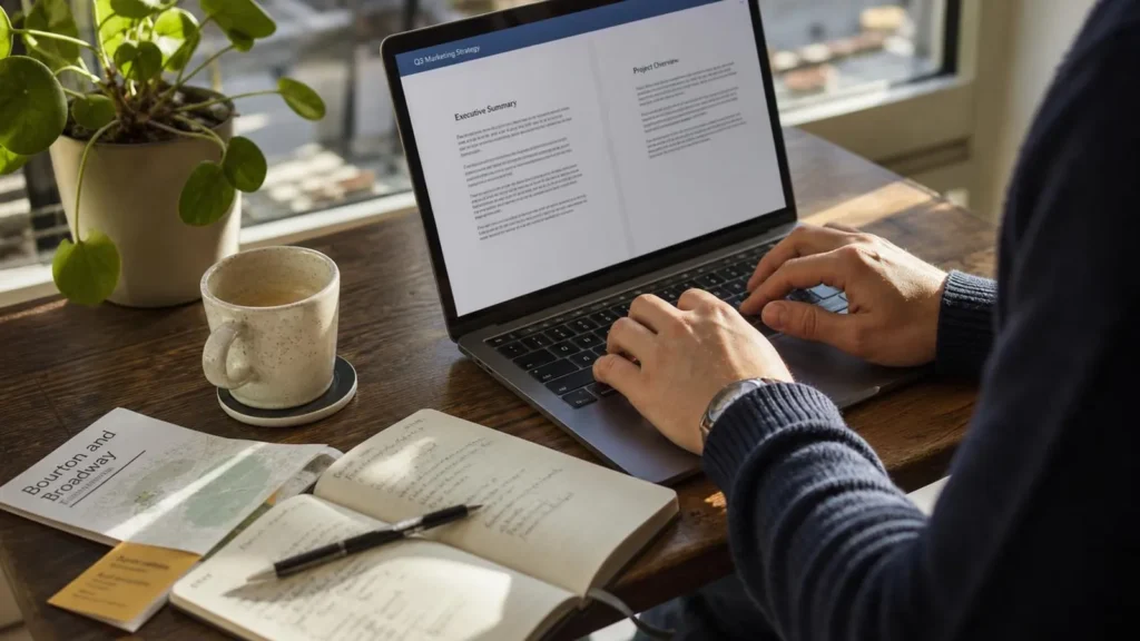 A desk by a window with a laptop showing a document, an open notebook of handwritten notes, a printed leaflet and a business card beside a coffee.