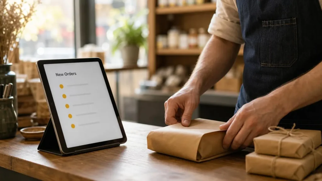 A shop counter with a tablet listing new orders while the owner wraps the first parcel from that list, two finished parcels stacked beside it.