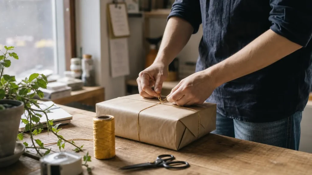 Hands tying gold twine around a brown paper parcel on a tidy wooden workbench beside a window, with scissors, tape and a plant.