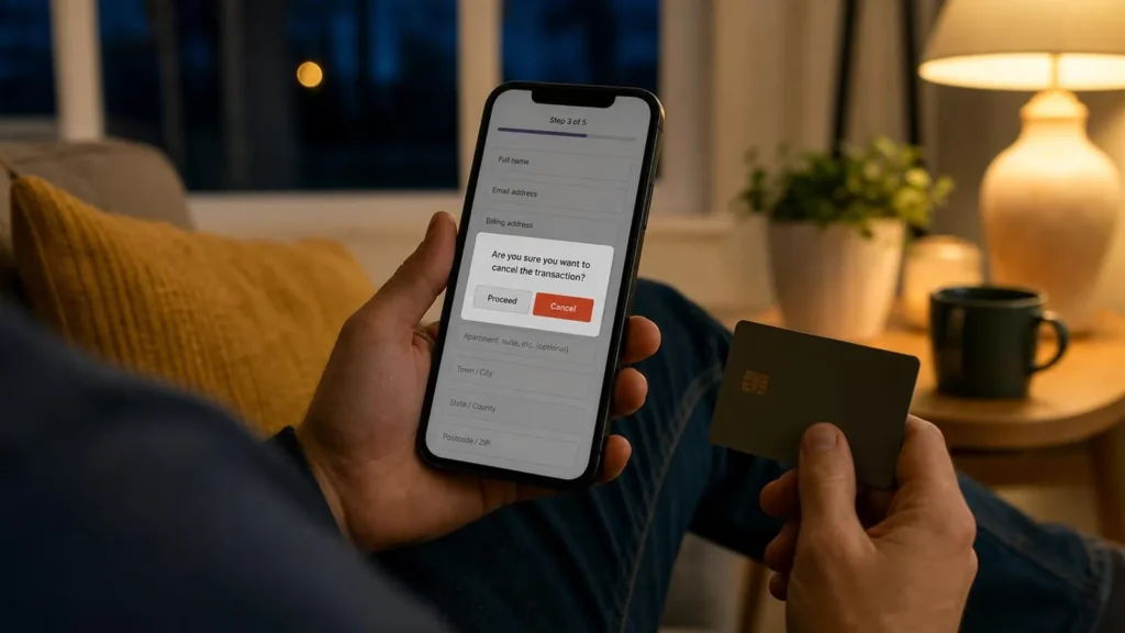 A phone held above a bank card in a lamp-lit sitting room, its checkout form at step three of five interrupted by a dialogue asking whether to cancel the transaction.