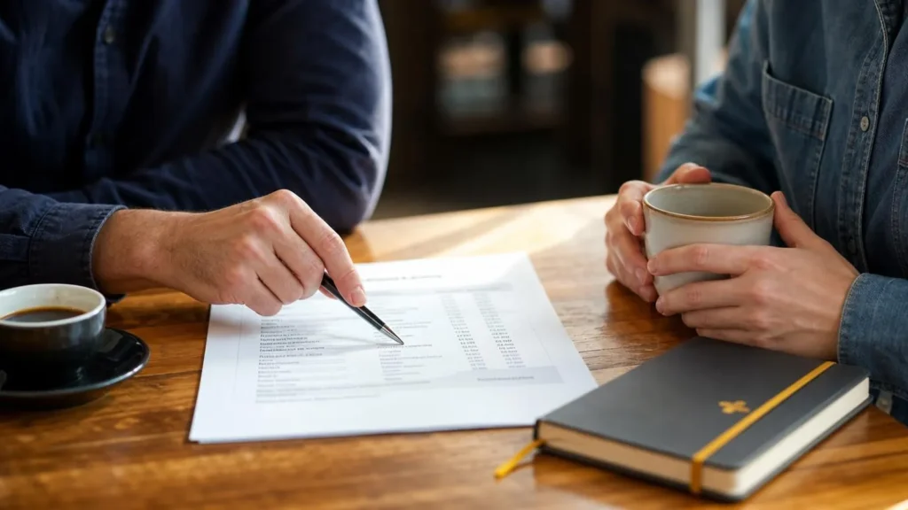 Two people at a cafe table going through a printed, itemised quote, one pointing at a line with a pen while the other listens.