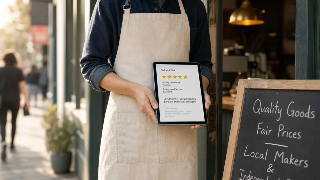 A shop owner in an apron outside their shop holding a tablet that shows a five-star customer review, next to a chalkboard sign.