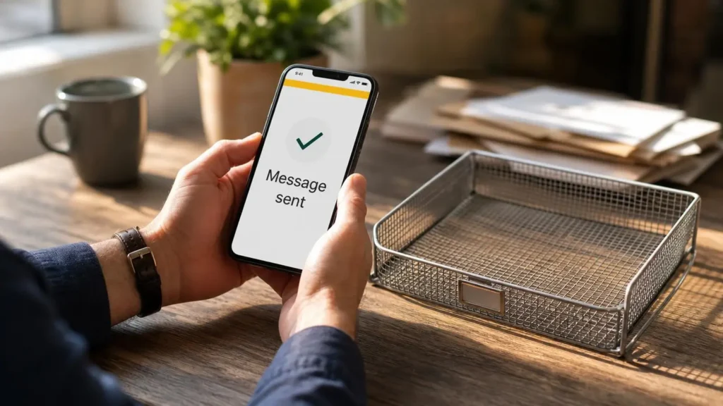 A phone on a sunlit wooden desk showing a green tick and the words message sent, beside an empty wire document tray.