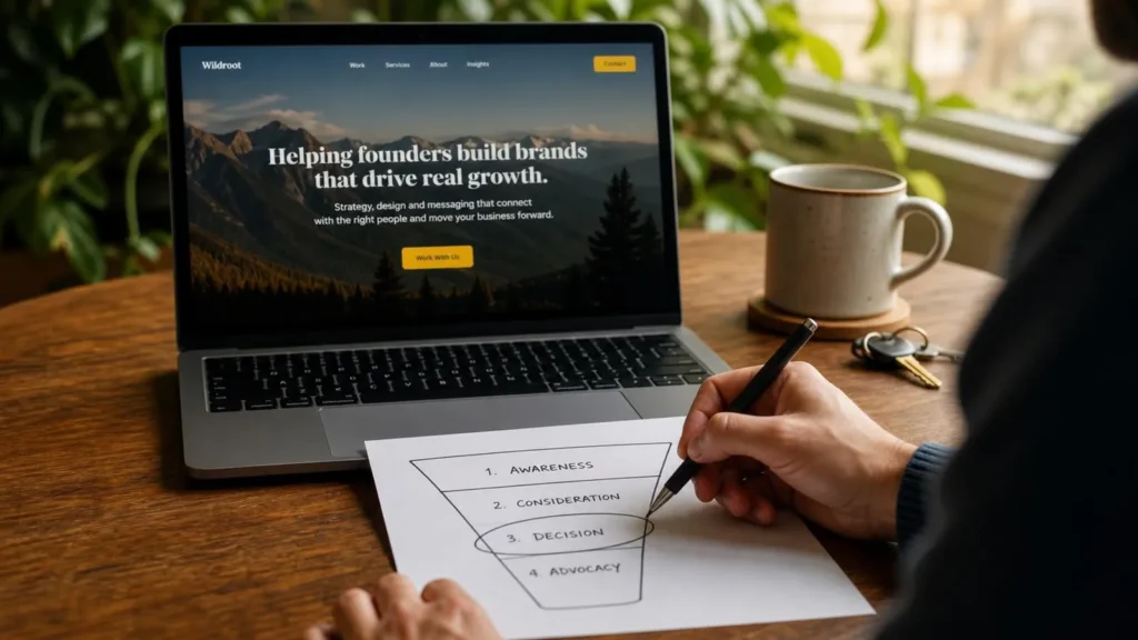 A hand circling the third step on a printed funnel diagram, next to a laptop showing a polished homepage with a large hero image.