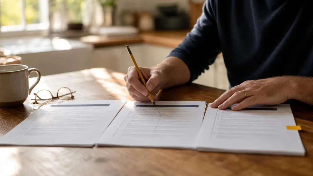 Three stapled quote documents laid side by side on a sunlit kitchen table, a hand drawing a pencil line across from an item on one to the same item on the next, a gold tab marking one page.
