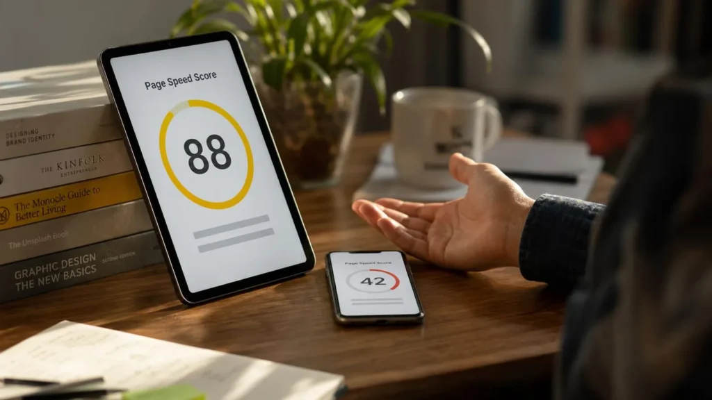 A tablet propped on a stack of books beside a phone on a desk, each screen showing the same page speed report with a different two-digit score, an open hand resting between them