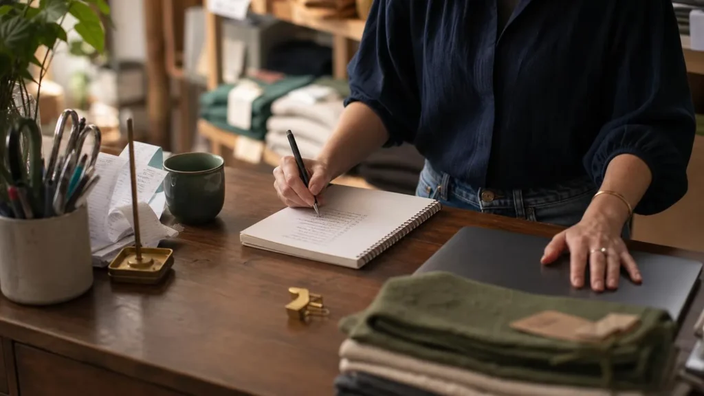 A shop owner writing a short list into a spiral notebook at their counter, the other hand resting flat on a closed laptop pushed to one side. Folded stock, a receipt spike, a pot of pens and a small brass clip on the wood.