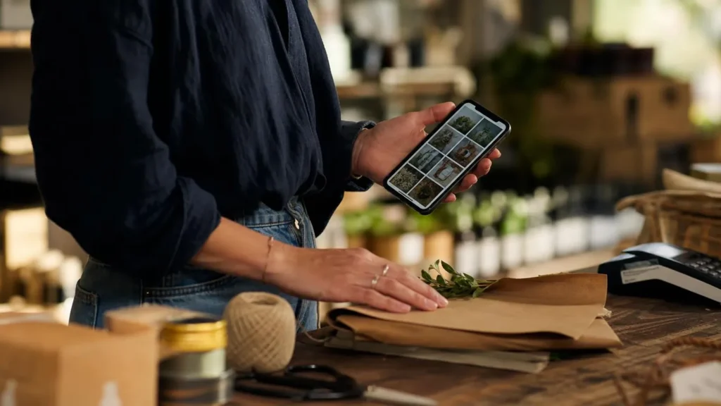 A shop counter where someone holds a phone showing a grid of their own product photographs while their other hand rests on a part-wrapped parcel, twine and scissors beside them.