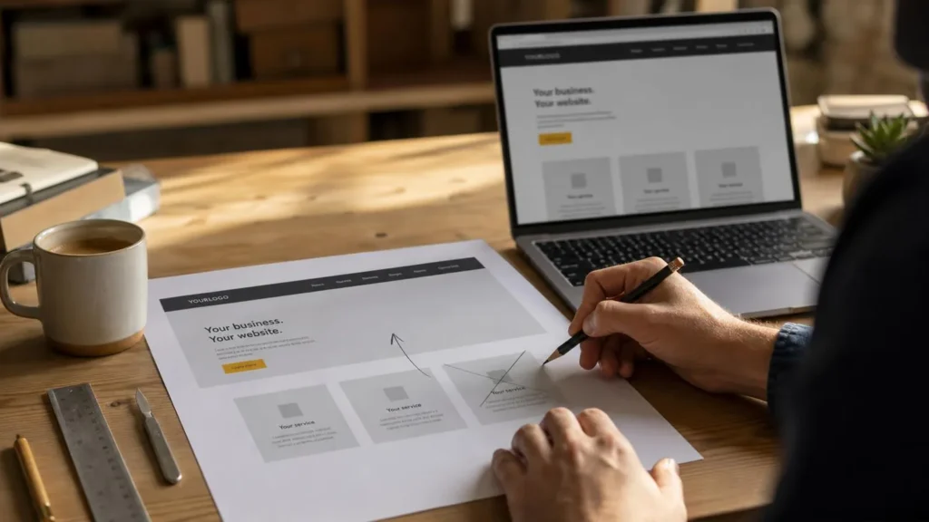 A printed website layout being marked up in pencil beside a laptop showing the same untouched layout, one card crossed out and an arrow moving another block upward, a scalpel and steel rule on the bench